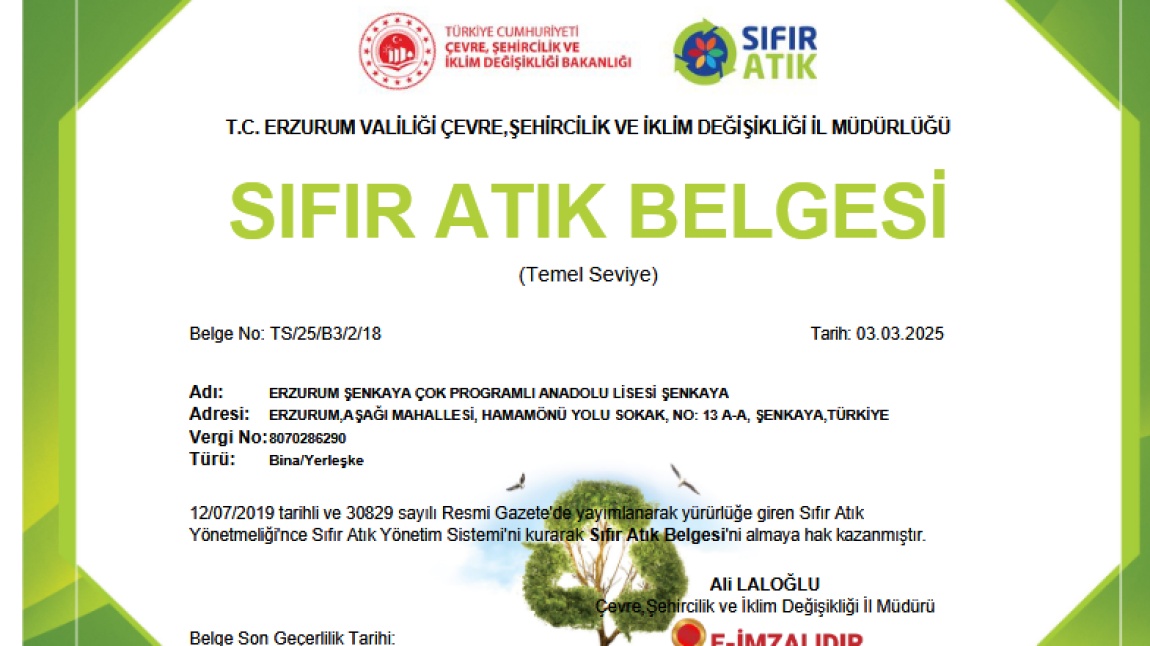 SIFIR ATIK BELGESİ